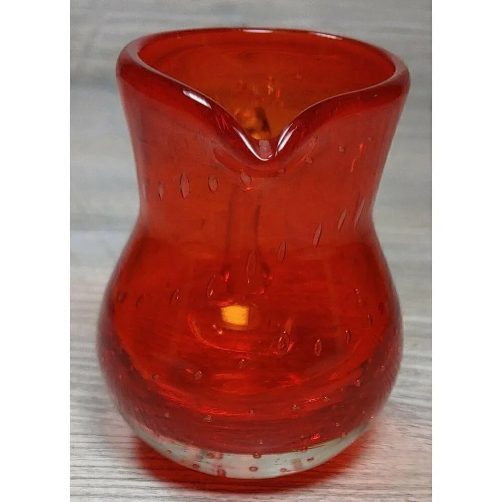 Lefton Red Glass Controlled Bubbles Creamer Hand Blown Mini Pitcher Handle VTG